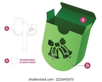 Round bottom box with Christmas bell window die cut template and 3D mockup