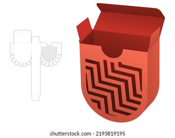 Round bottom box with stenciled zig zag shaped pattern die cut template and 3D mockup