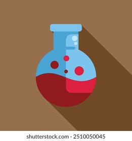 Round bottom flask containing bubbling red liquid, long shadow design icon depicting chemical experiment