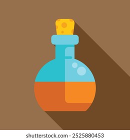 Round bottom flask containing orange liquid casting a long shadow, in flat design style