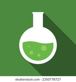 Matraz de fondo redondeado con un icono plano líquido químico verde con sombra larga. Icono de Química Simple Ilustración vectorial pictograma. Laboratorio, experimento, médico, concepto de química. Diseño de logotipo