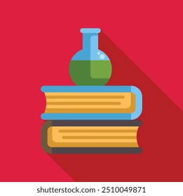 Round bottom flask with green chemical liquid standing on a stack of books representing chemistry science education