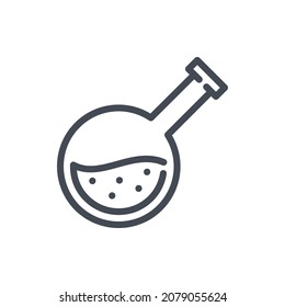 Round bottom flask with liquid line icon. Laboratory glassware equipment vector outline sign.