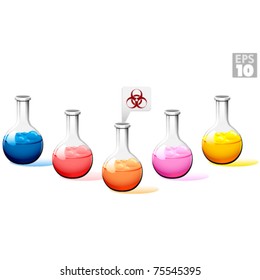 Round bottom flask with multi-colored liquid and bio hazard sign, EPS 10