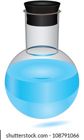 The round bottom flask with a rubber cap and blue reagent. Vector illustration.