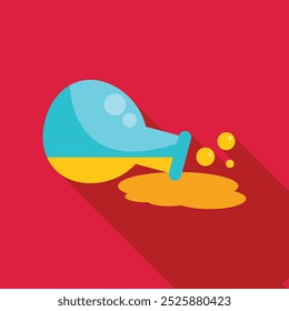 Round bottom flask spilling yellow chemical liquid icon in flat style on a red background