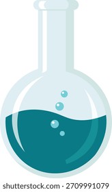 Round bottom flask with teal liquid and bubbles laboratory science