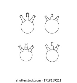 Round bottom flask with three necks set. Test tubes icons. Elements in different foreshortening. Vector illustration isolated on white.