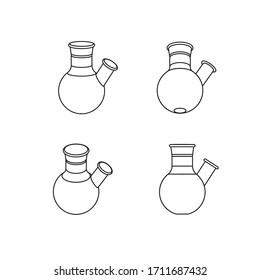 Round bottom flask with two necks set. Test tubes icons. Elements in different foreshortening. Vector illustration isolated on white.