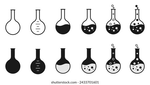 round bottomed flask or boiling flask vector set. laboratory chemical glassware equipment. flat design illustration isolated on white background.