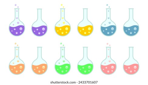 round bottomed flask or boiling flask vector set. colorful laboratory chemical glassware equipment. flat design illustration isolated on white background.