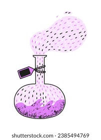 Round - bottomed flask with a smoking substance and grunge texture. Magic potion. Cartoon vector illustration in gothic style. Doodle esoteric hand drawn element. For stickers, temporary tattoo