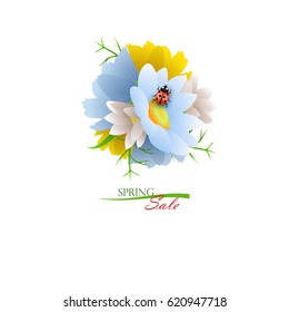 Round bouquet of flowers with ladybug. Vector