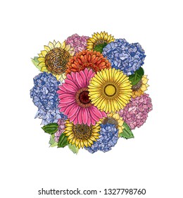 round bouquet with gerbera, sunflower, hydrangea. Hand-drawn contour lines and strokes. Element for design. Colorful sketch illustration. flower frame round vector on white background,