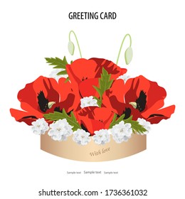 Round box with a bouquet of delicate red poppy and small white flowers.Spring and flowers.Greeting card template, invitation.Vector illustration for postcard or poster, print.White background Isolated