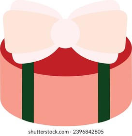 Round box with New Year surprise tied with festive ribbon bow. Red Green flat design element. Pop art holiday icon. Christmas event element. Simple flat vector icon isolated on white background
