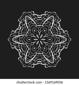 Round braided macrame napkin. White mandala on dark background