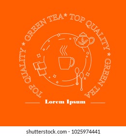 Round brain orange label Green Tea for print, white lines. Perfect design element for advertising, banners and flyers with tea leaf symbols, cup, teaspoons, shugar cubs made in modern line style, stoc