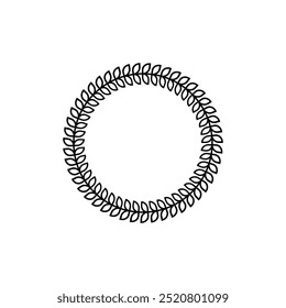 Round branch with leaves. Round frame of bent branch with leaves in the shape of a circle or wreath. Vector outline drawing. 