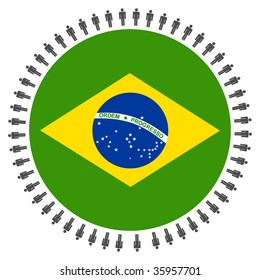 Round Brazilian flag with circle of people illustration