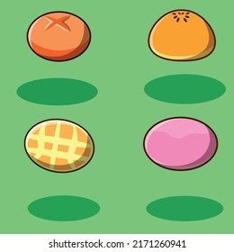 round bread 3 icon pack vector set is a vector cartoon, cute doodle with a food theme. Suitable for children's T-shirt designs, merchandise, stickers, mascot logos, etc.
