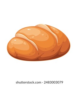 Round bread, cartoon loaf with cuts and golden crust. Wheat rustic bread baked from organic white flour by baker, product of bakery mascot, cartoon fresh traditional food snack vector illustration