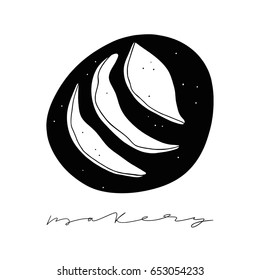  Round bread. Cartoon vector black and white stylized illustration. Handwritten text bakery
