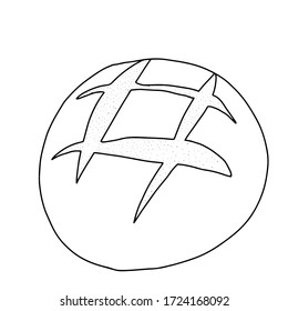 Round bread with incisions-drawn in the style of Doodle.Outline drawing by hand.Black and white image of baking.Monochrome design.Coloring.Vector image