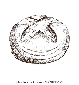 Round bread isolated on white background. Homemade Bakery product. Vintage style design. Hand Drawn vector illustration.