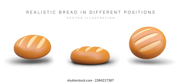 Round bread on gray background in different positions. Freshly baked bread. Homemade bread concept. Vector illustration, bakery products in 3d style with place for text