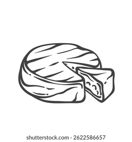 Queijo brie redondo com cunha cortada em estilo doodle gravado. Queijo cremoso macio desenhado à mão. Ilustração vetorial para receita, marca ou embalagem de alimentos.
