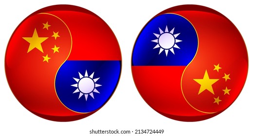 Round bright Asian yin-yang signs with flags of China and Taiwan. Vector icons