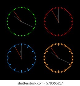 Round bright dials for clock with arrows isolated on black background, vector illustration.