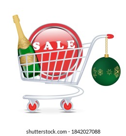 Round bright icon for sale. Shopping cart, bottle of festive wine, Christmas ball - vector. Winter discounts. New Year, Christmas sale svg