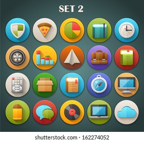 Round Bright Icons with Long Shadow Set 2