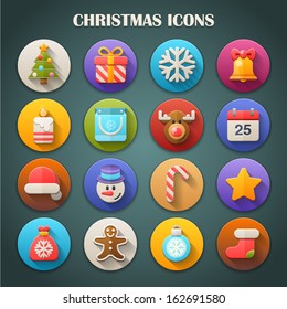 Round Bright Icons with Long Shadow: Christmas