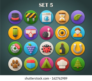 Round Bright Icons with Long Shadow Set 5