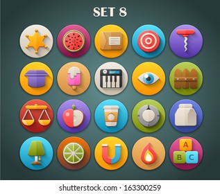 Round Bright Icons with Long Shadow Set 8