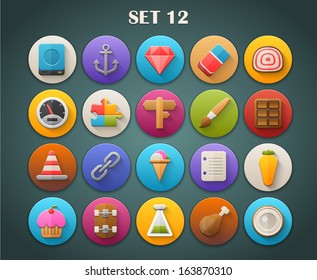 Round Bright Icons with Long Shadow Set 12