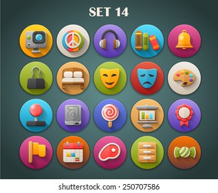 Round Bright Icons with Long Shadow Set 14