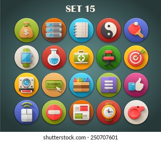 Round Bright Icons with Long Shadow Set 15