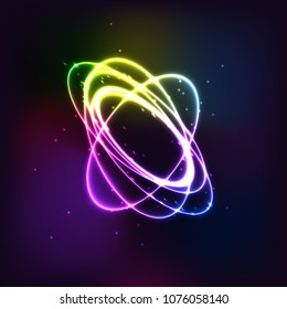 Round bright light twisted glitter circle sparkle effect. Glowing magic ring trace on a dark background, vector illustration