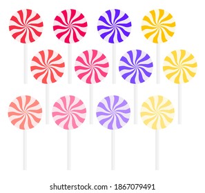 Round bright lollipops on a stick on a white background. Flat vector illustration. Collection of lollipops of different tastes.