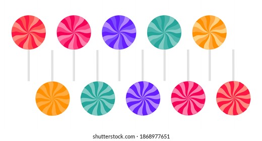 Round bright lollipops on a stick on a white background. Flat vector illustration. Collection of lollipops of different tastes.