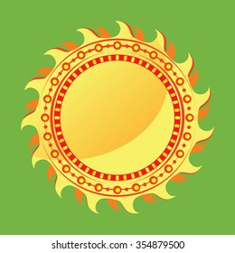 Round bright yellow sun on a green background