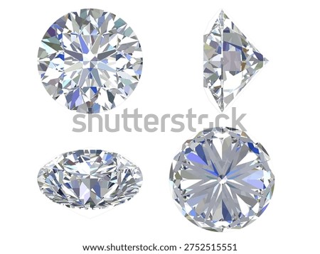 Round Brilliant Diamond — Multi-View 3D Render, Clean, isolated views of a round brilliant diamond—top, side, pavilion, and hearts-and-arrows—ideal for jewelry design and mockups.