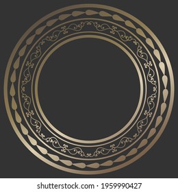 Round bronze frame with ornament on a dark background.