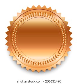 Round bronze medal with pattern and shadow. Vector design element.