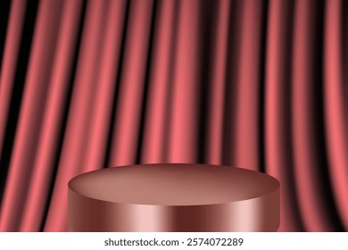 Round bronze podium or table with red curtain in the background. Can be used for product demonstration. Realistic vector illustration