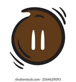 Round brown button with two white stripes. Simple vector element on white background. Hand drawn pause icon for website design, banner